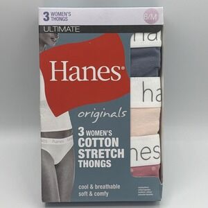 HANES Originals Women's Cotton Stretch Thongs Underwear Sz M/6 Blue/Pink 3 Pack